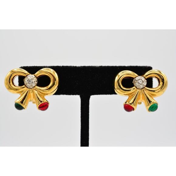 Joan Rivers Vintage Cabochon Bow Clip On Earrings Christmas Holiday Signed BinW - Picture 1 of 12